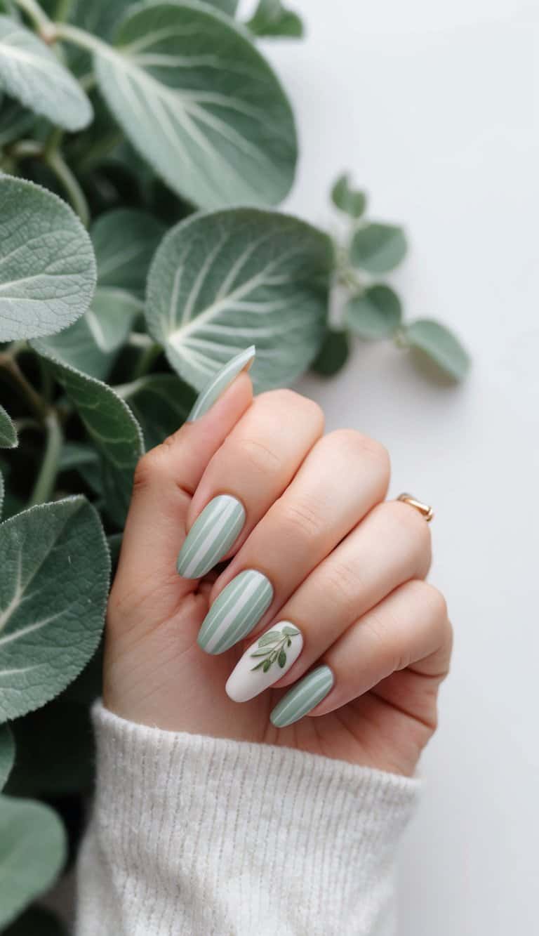 A serene garden with sage green leaves and stripes, surrounded by soft, natural elements