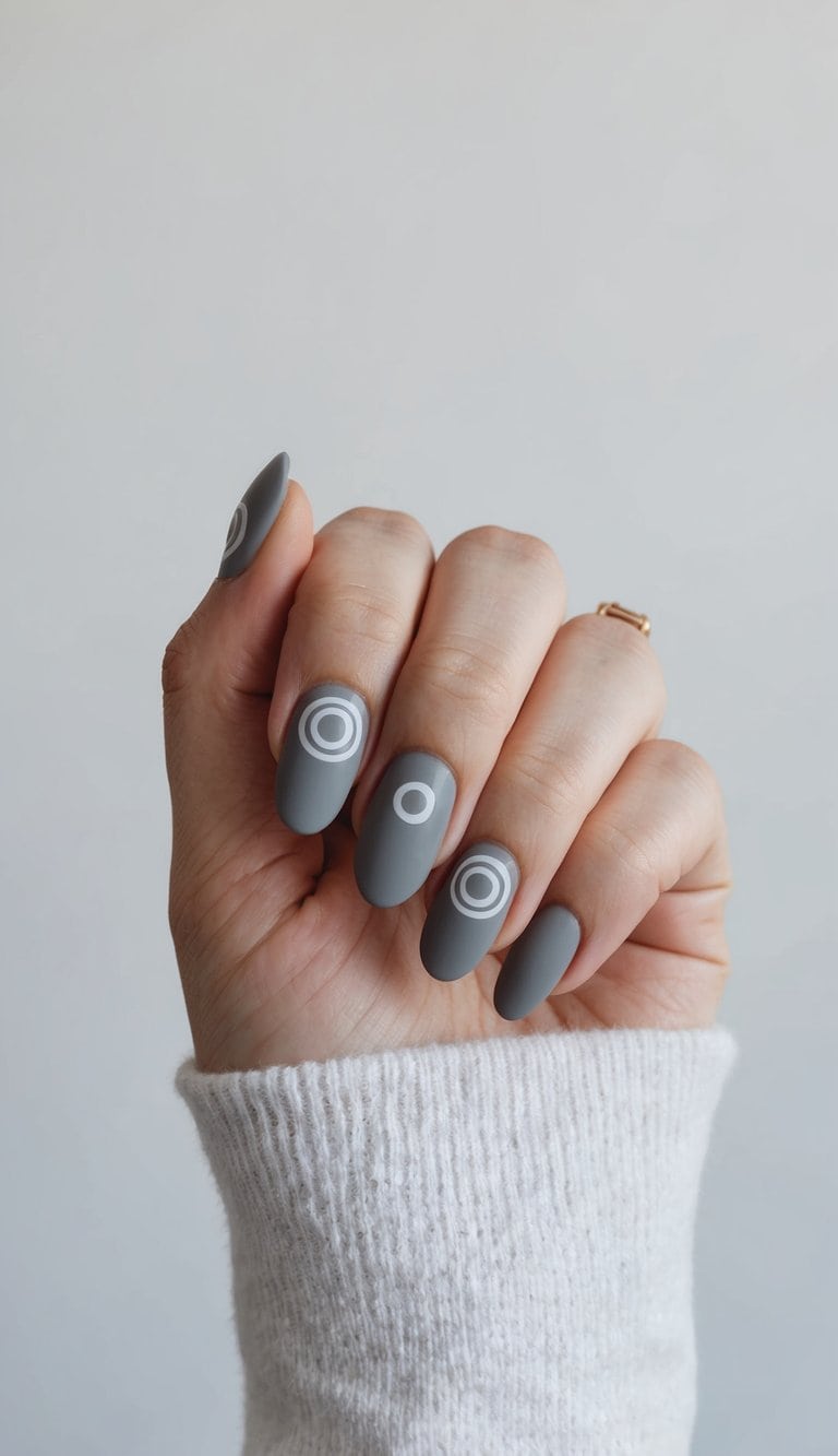 A close-up of matte gray nails with retro circle designs on a plain background
