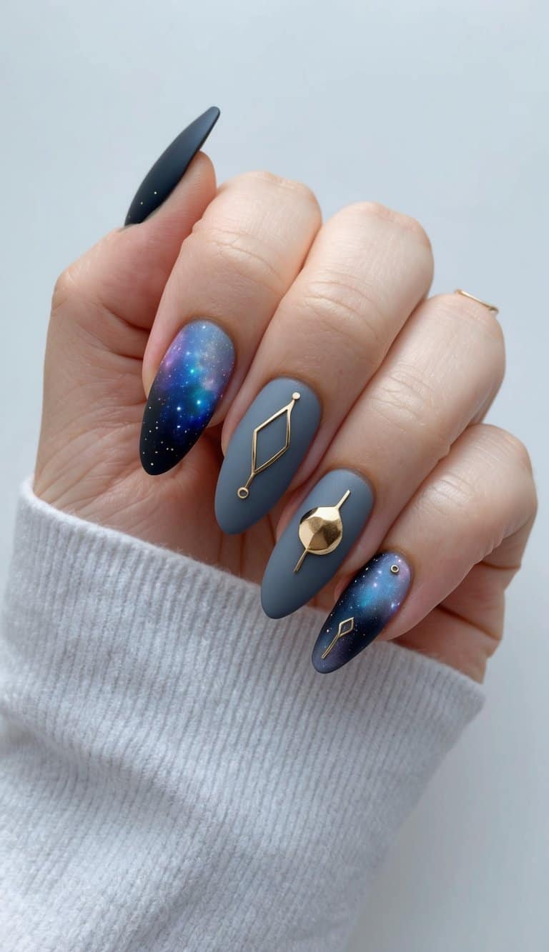 A galaxy-themed matte gray nail art display with various designs and creative patterns