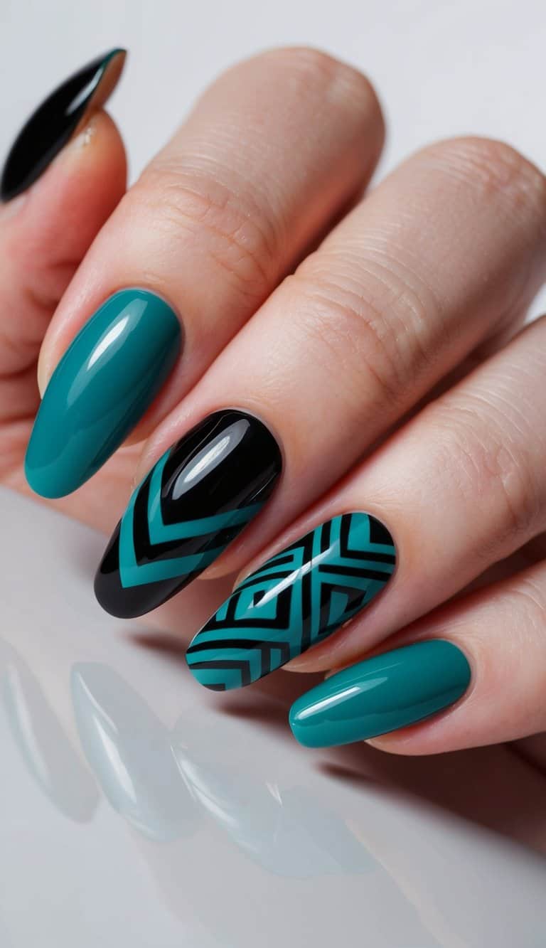 A close-up of black and teal nail art designs on a glossy surface. Intricate patterns and bold color contrast