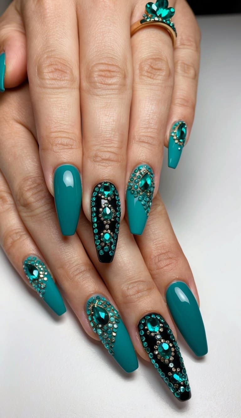 A black base with teal rhinestones arranged in intricate patterns on each nail