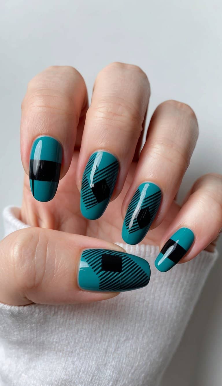 A close-up of teal and black plaid nail art designs on a matte background