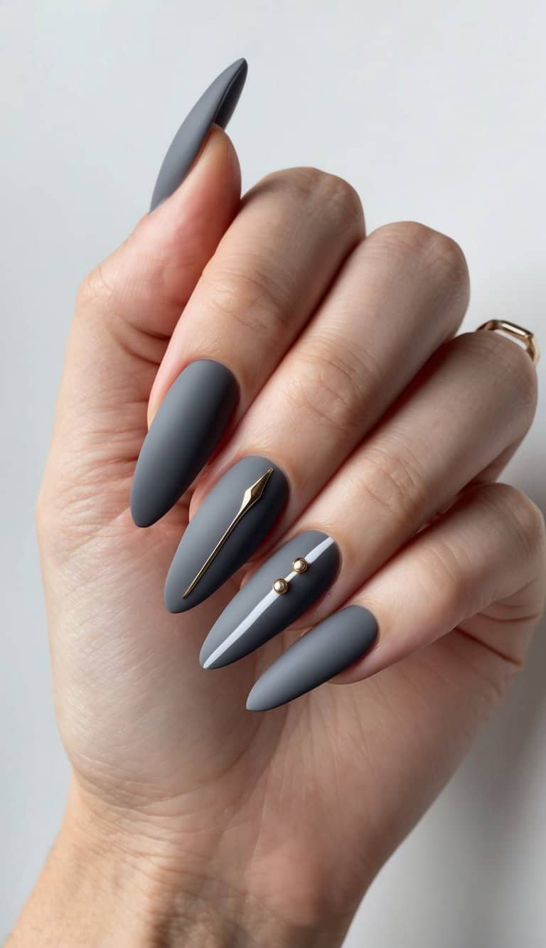 Sleek matte gray nail art designs on display, with creative inverted French manicure style