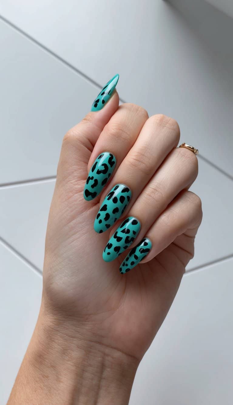 A close-up of teal and black cheetah print nail art designs on a sleek, modern background