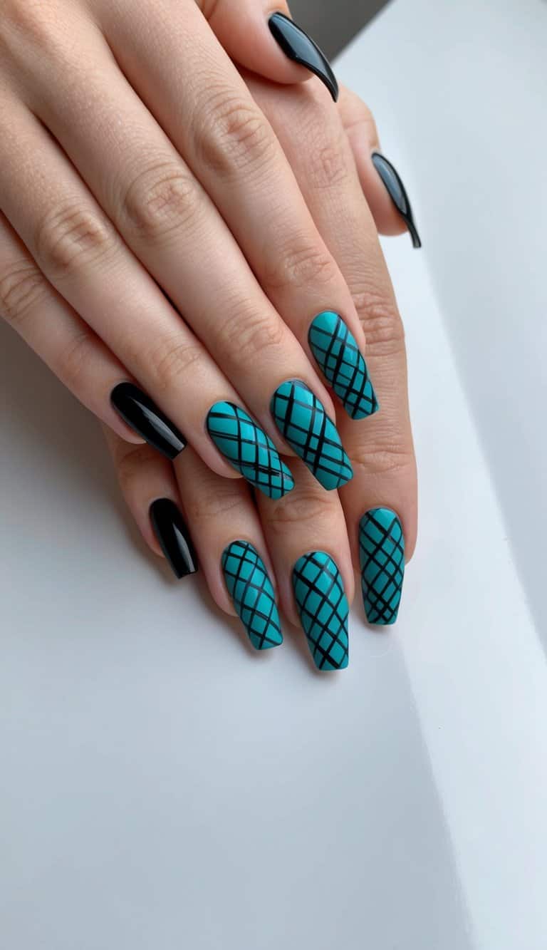 A close-up of black and teal crosshatch nail art on a sleek, manicured surface