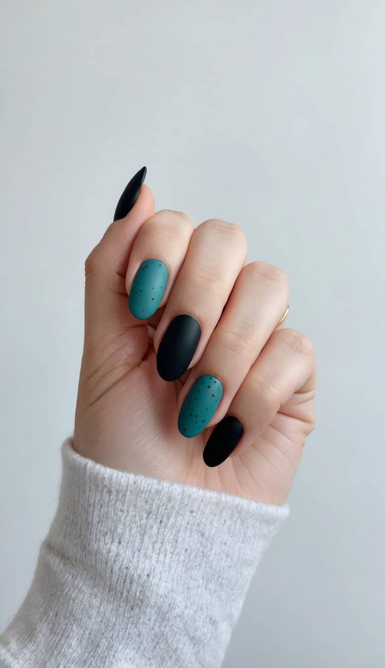 A matte black nail with teal speckles on a clean, minimalist background