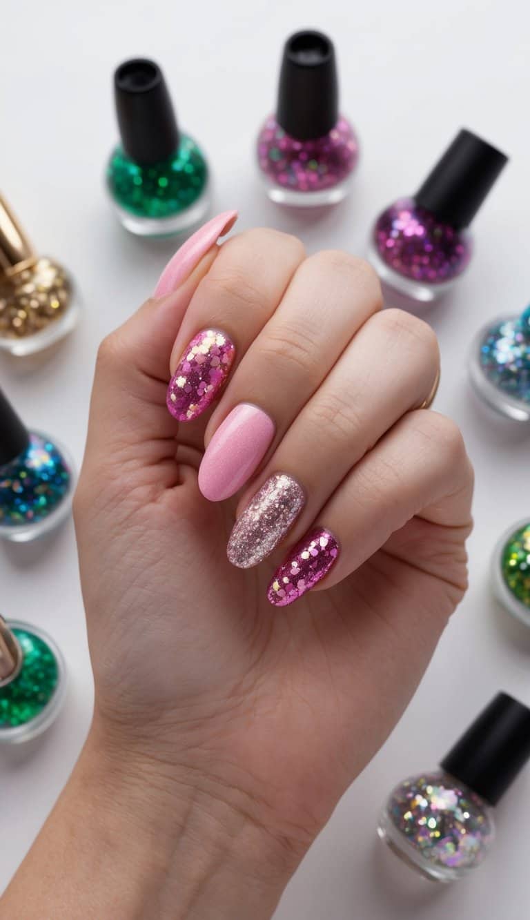 A hand holding a nail displaying pink glitter tips, surrounded by various nail art designs and glitter bottles