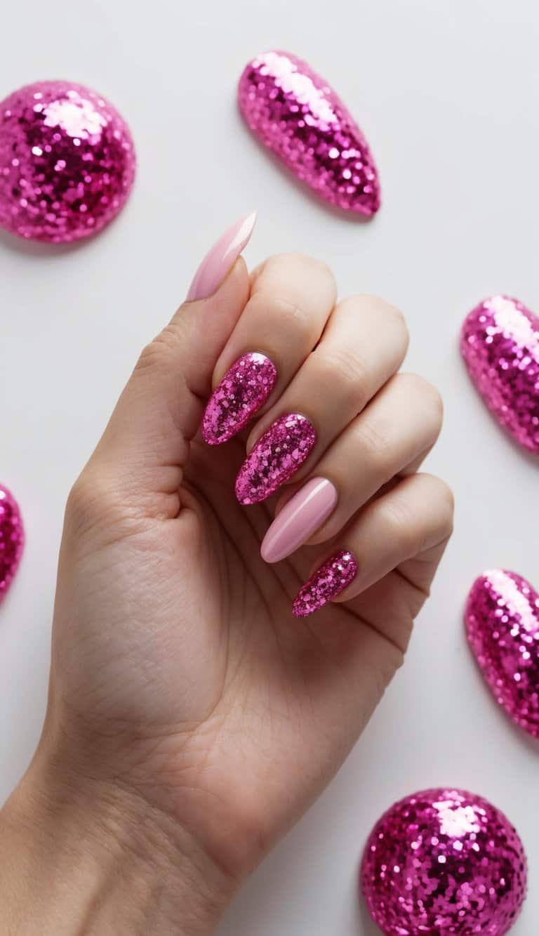 Pale pink nails with chunky glitter accent nails in Barbie pink