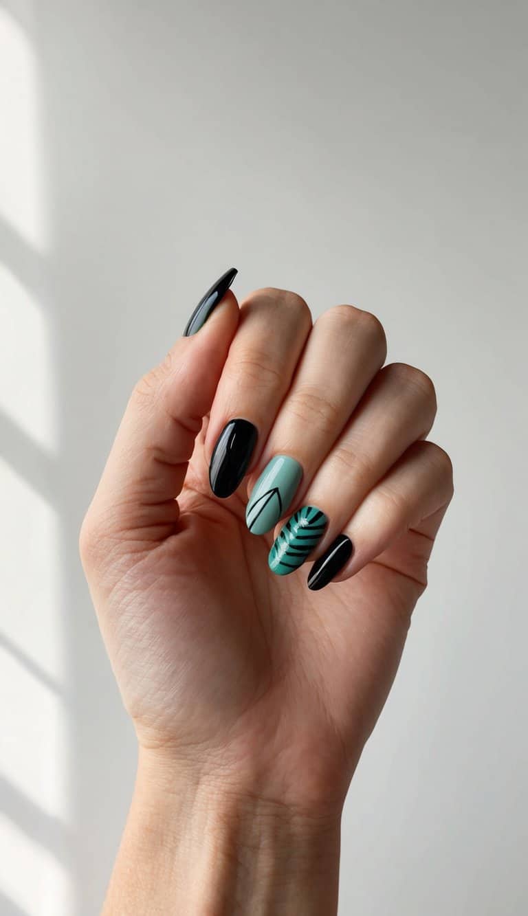A close-up of black and teal nail art designs on a clean, neutral background