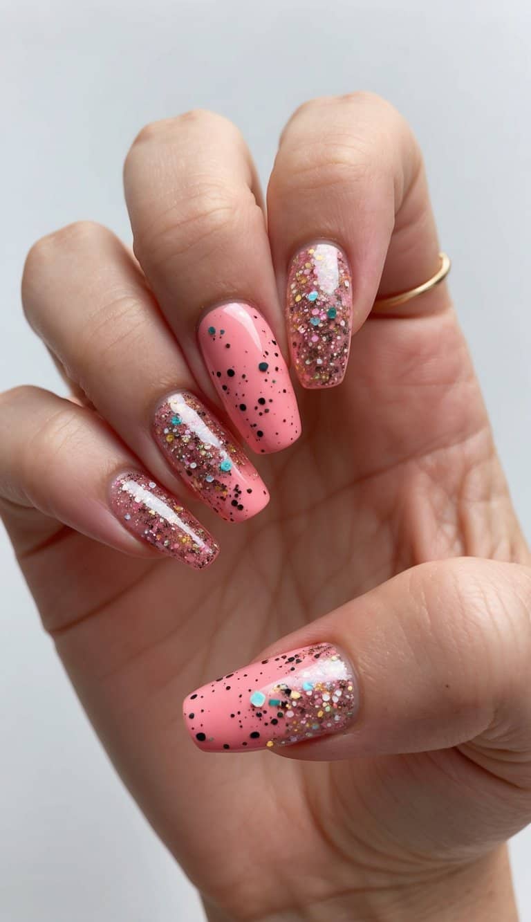 A watermelon pink splatter of glittery nail art designs