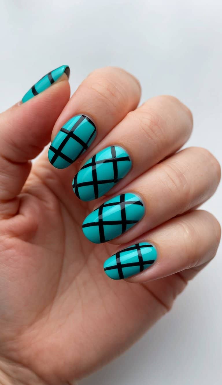 A close-up of teal and black grid pattern nail art designs