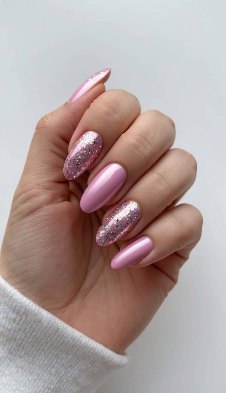 A close-up of pink metallic accent nails with glittery designs