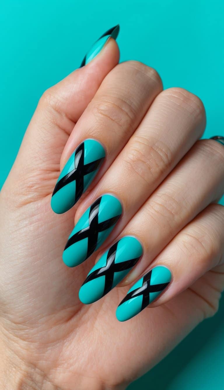 Teal and black crisscross nail art design on a teal background