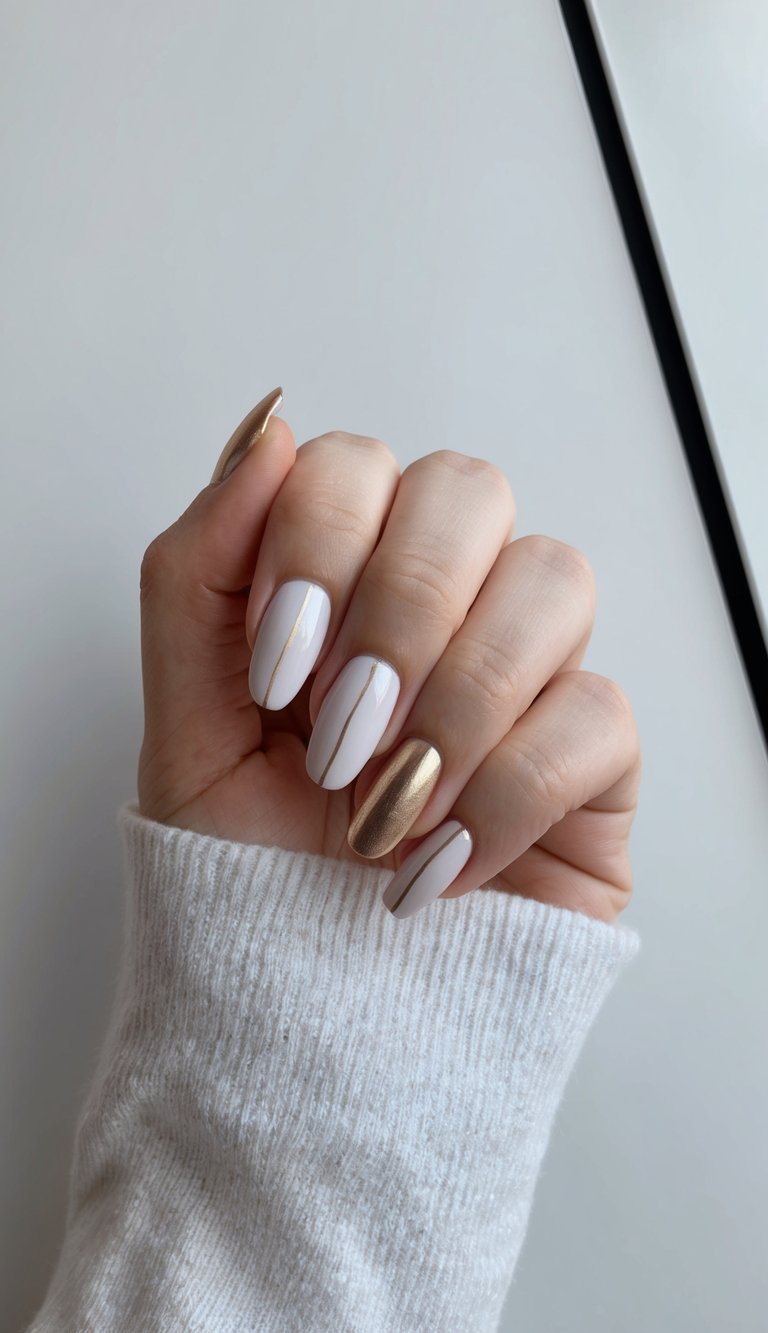 A hand with minimalist nail art, featuring subtle metallic accents, against a sleek and modern background