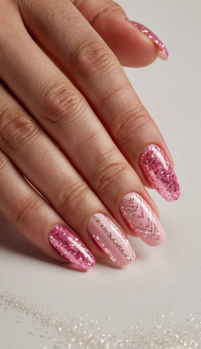 Soft pink nails paired with bold Barbie pink glitter nails for a dazzling contrast. Extra flair is added with Barbie pink glitter stripes and chevron designs