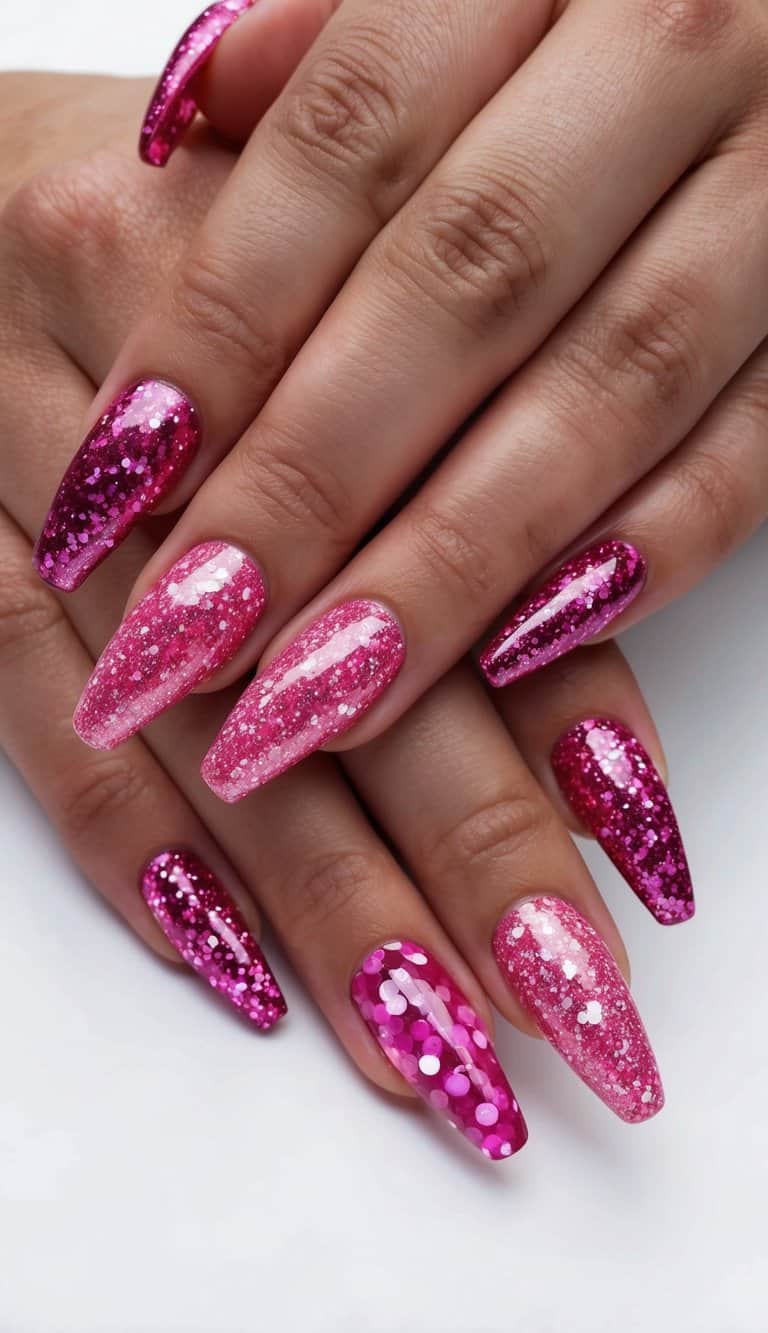 A collection of 50 dazzling pink glitter nail art designs, showcasing the vibrant and sparkly fusion of raspberry and pink shades