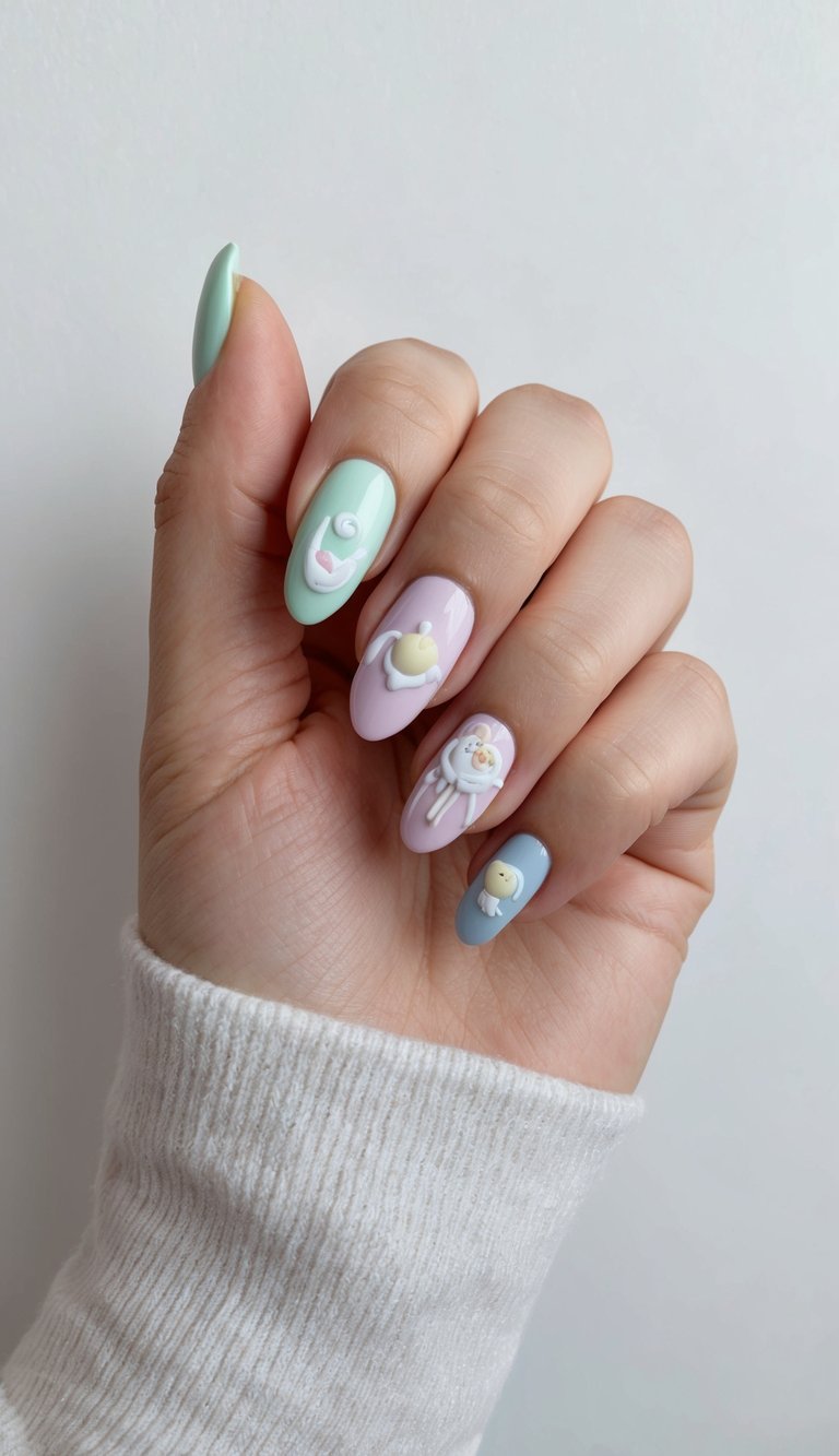A pastel-colored nail art display featuring baby shower-themed designs
