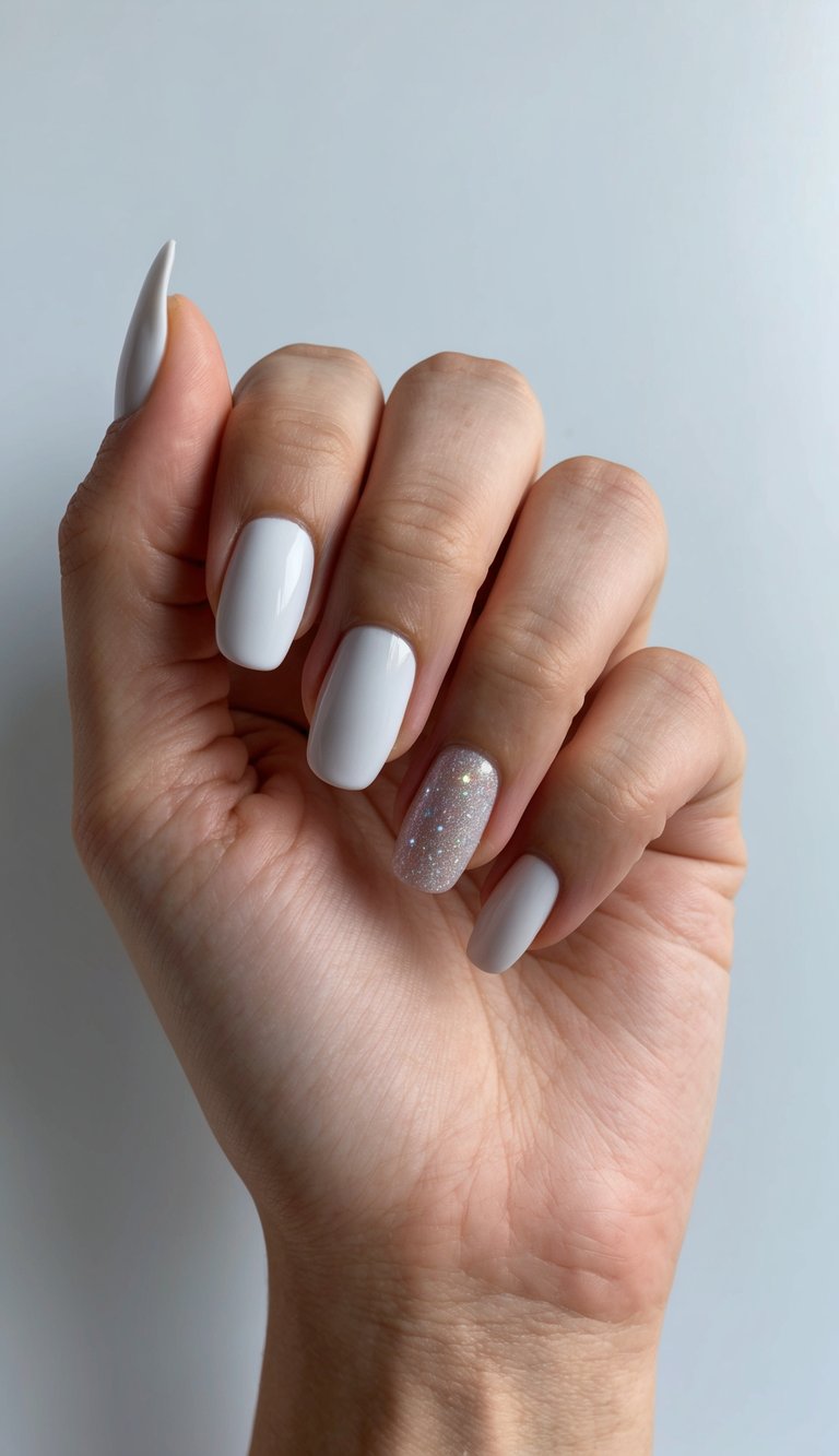 A hand with modern minimalist nails, against a sleek and simple background, with a subtle sparkle touch