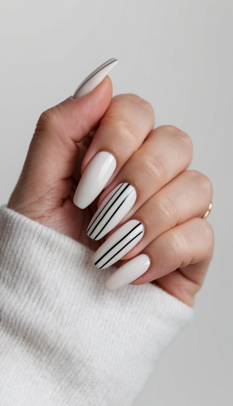 A clean, minimalist nail art design featuring geometric shapes and lines on a neutral background