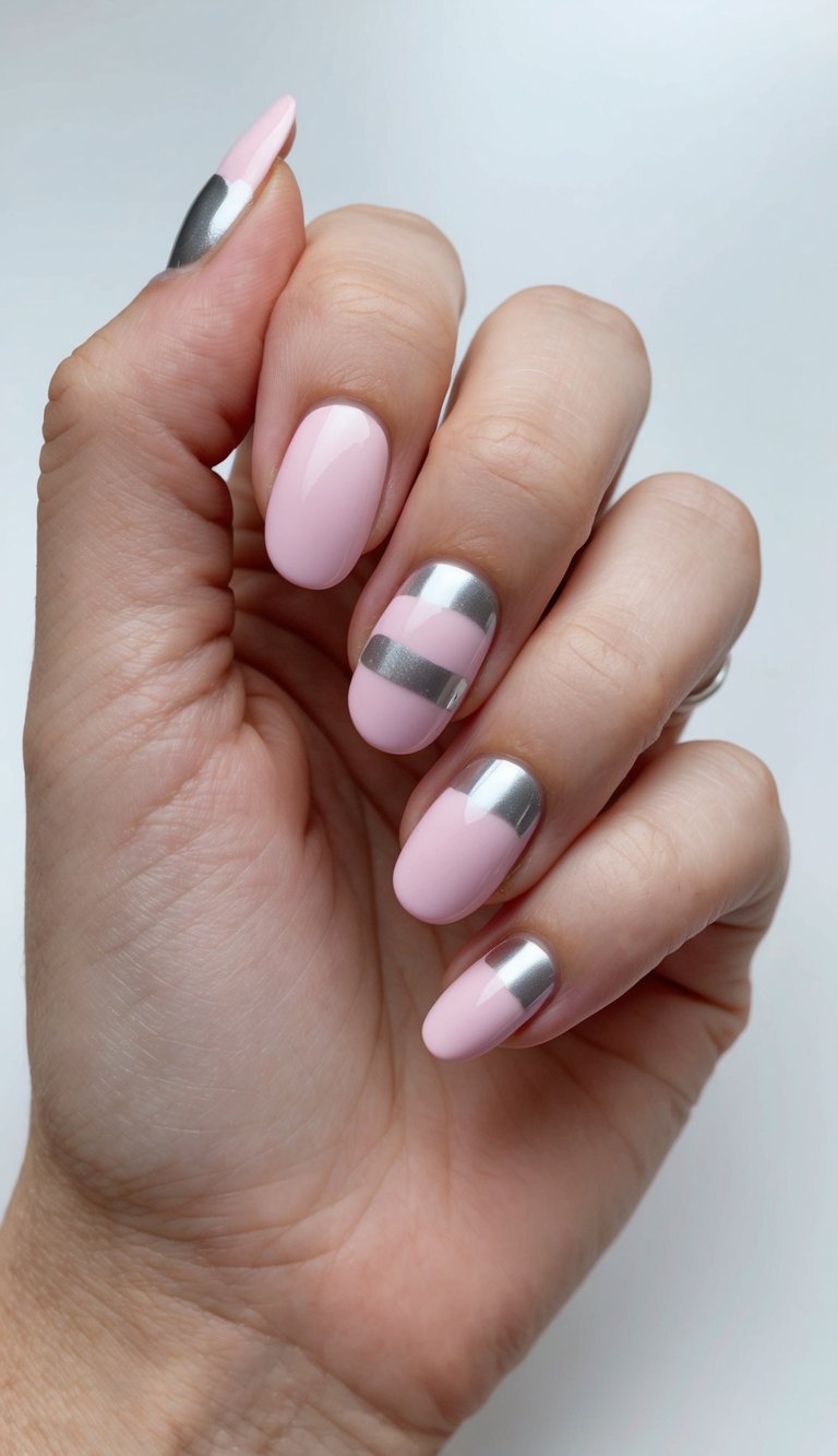 A close-up of baby pink nails with silver tips arranged in a cute and playful pattern, perfect for a baby shower nail art design