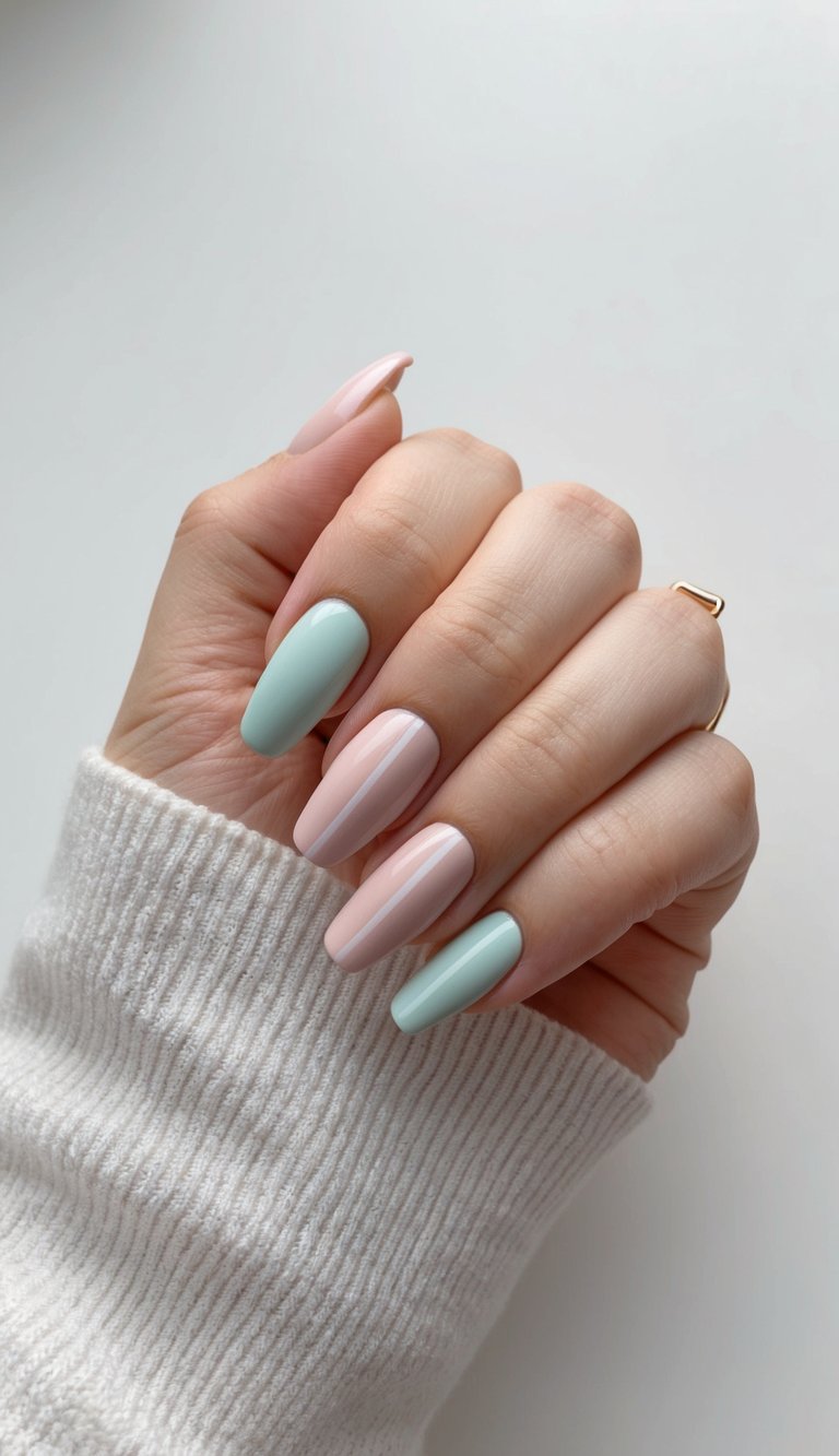 A set of pastel-colored nails arranged in a sleek and modern minimalist style, with clean lines and simple geometric shapes