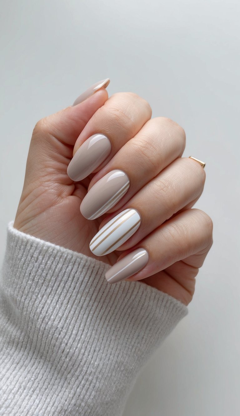 A clean, neutral-toned nail art design featuring simple geometric shapes and lines on a sleek, modern background