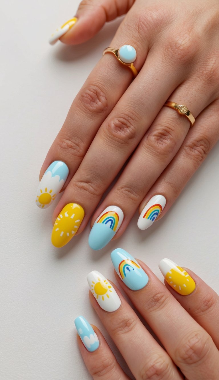 A colorful array of baby-themed nail art designs, featuring sunshine and rainbow motifs, displayed on a clean, neutral background