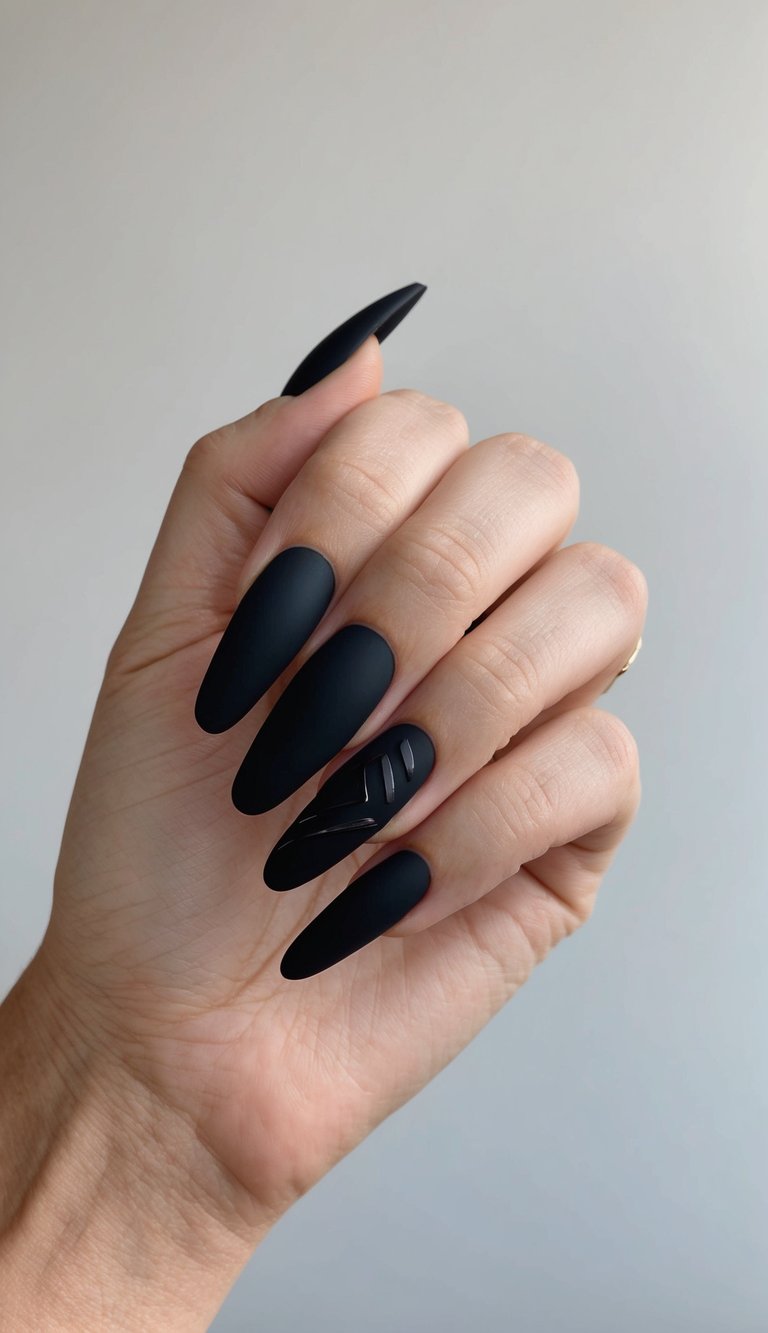 A sleek, matte black nail art design on a minimalist background