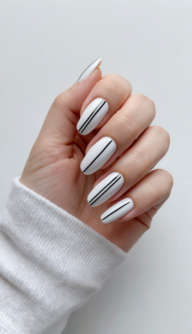 A clean, white manicure with a single thin black line down the center of each nail