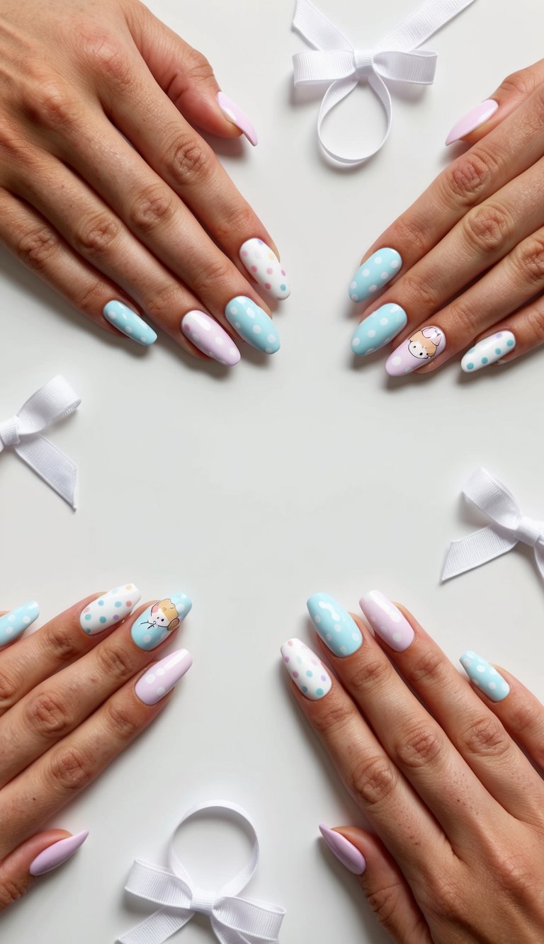 A collection of polka dot ribbons and baby-themed nail art designs arranged on a clean, white background