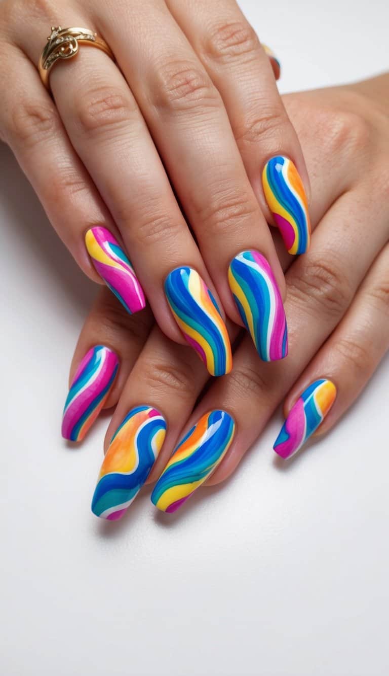Vibrant watercolor swirls in bold abstract patterns on nails
