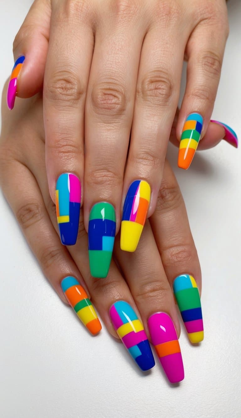 Vibrant color blocks arranged in abstract patterns on nails