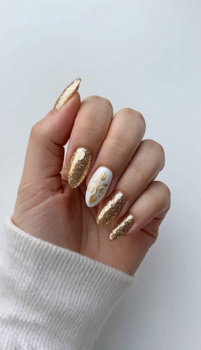 Golden glitter tips adorn elegant bridal shower nail art