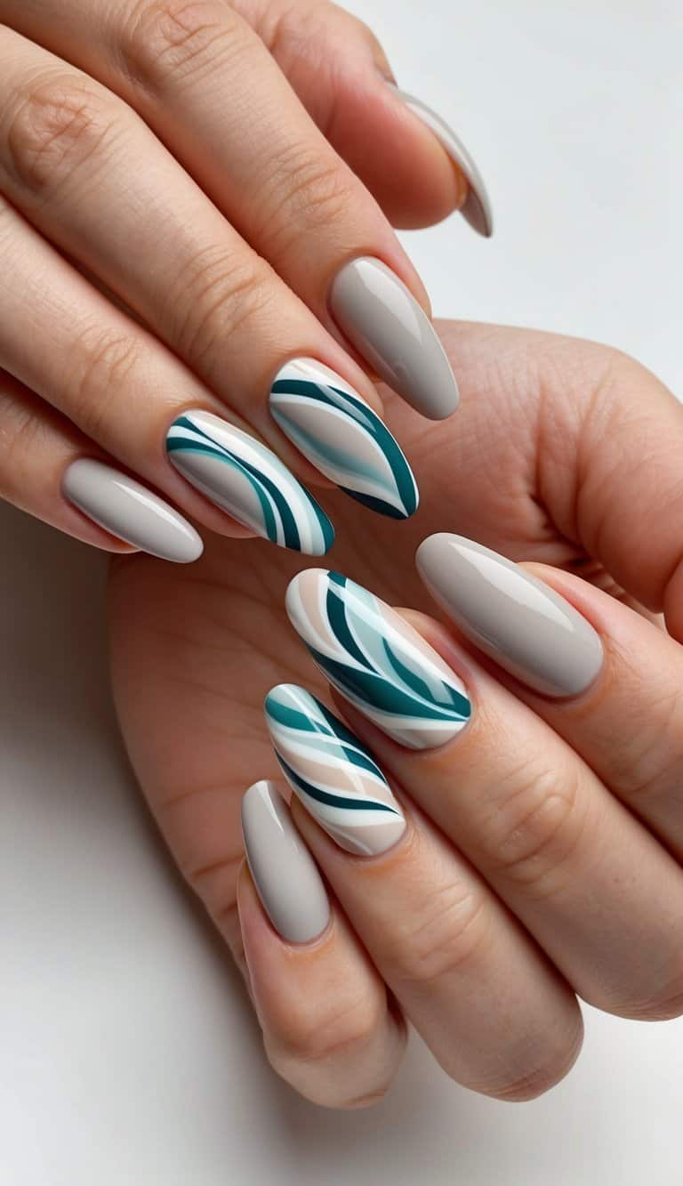 Abstract waves in muted tones swirl and overlap, creating a dynamic and artistic nail art design