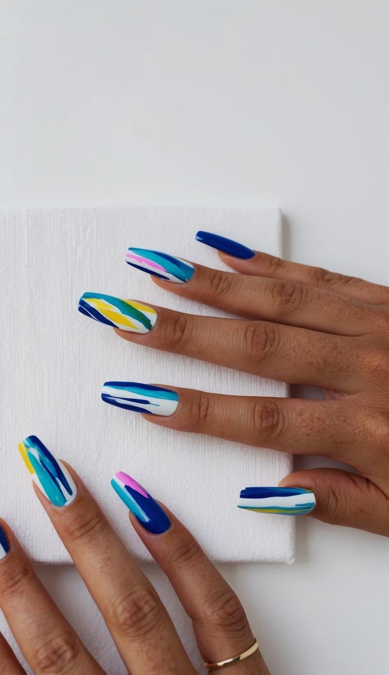 Vibrant brush strokes create abstract nail art designs on a canvas