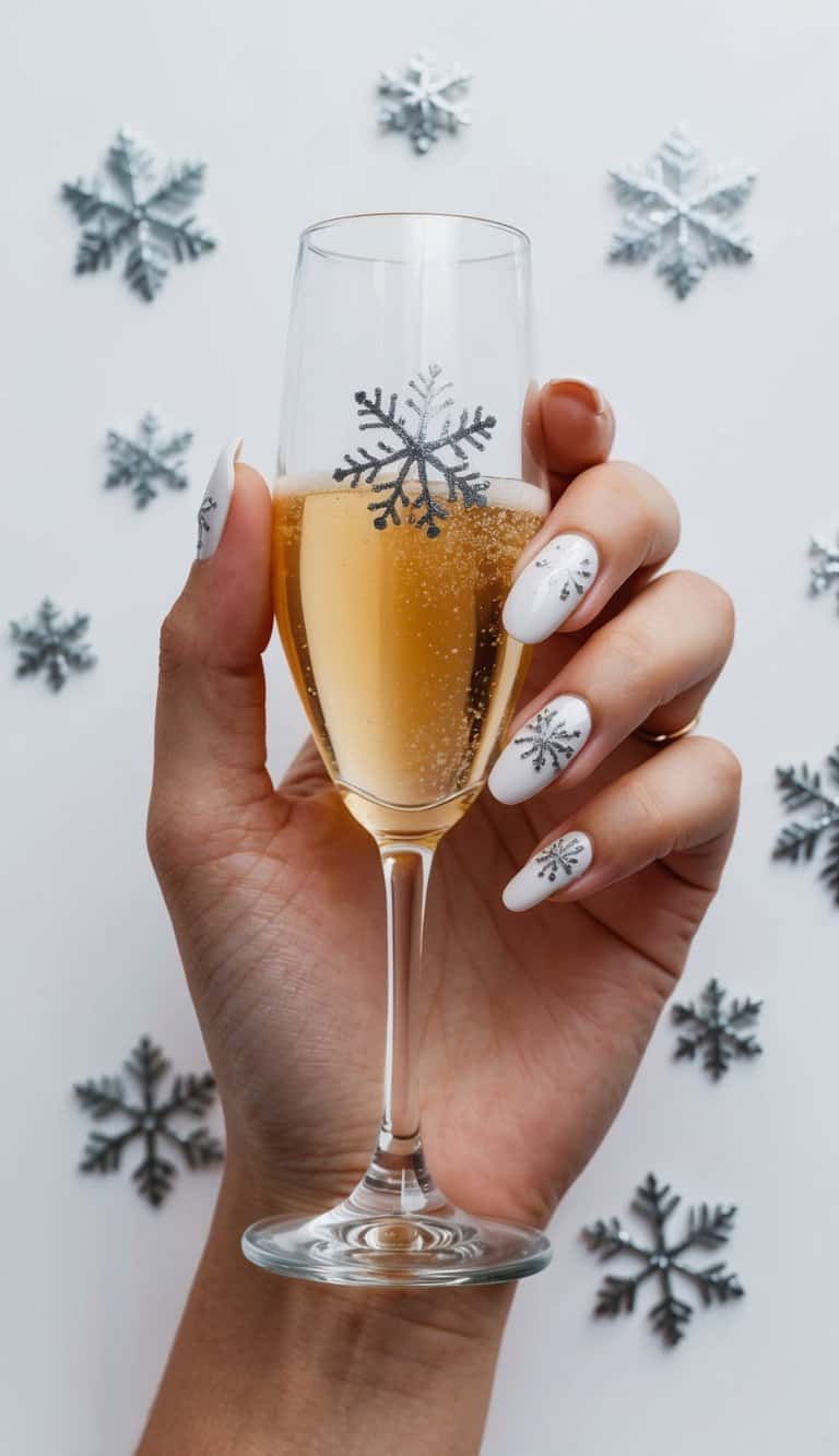 A hand holding a champagne glass with elegant bridal shower nail art, surrounded by silvery snowflakes