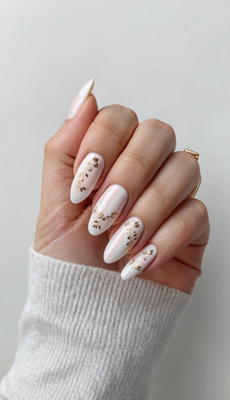 A elegant French twist nail art design with delicate bridal shower motifs