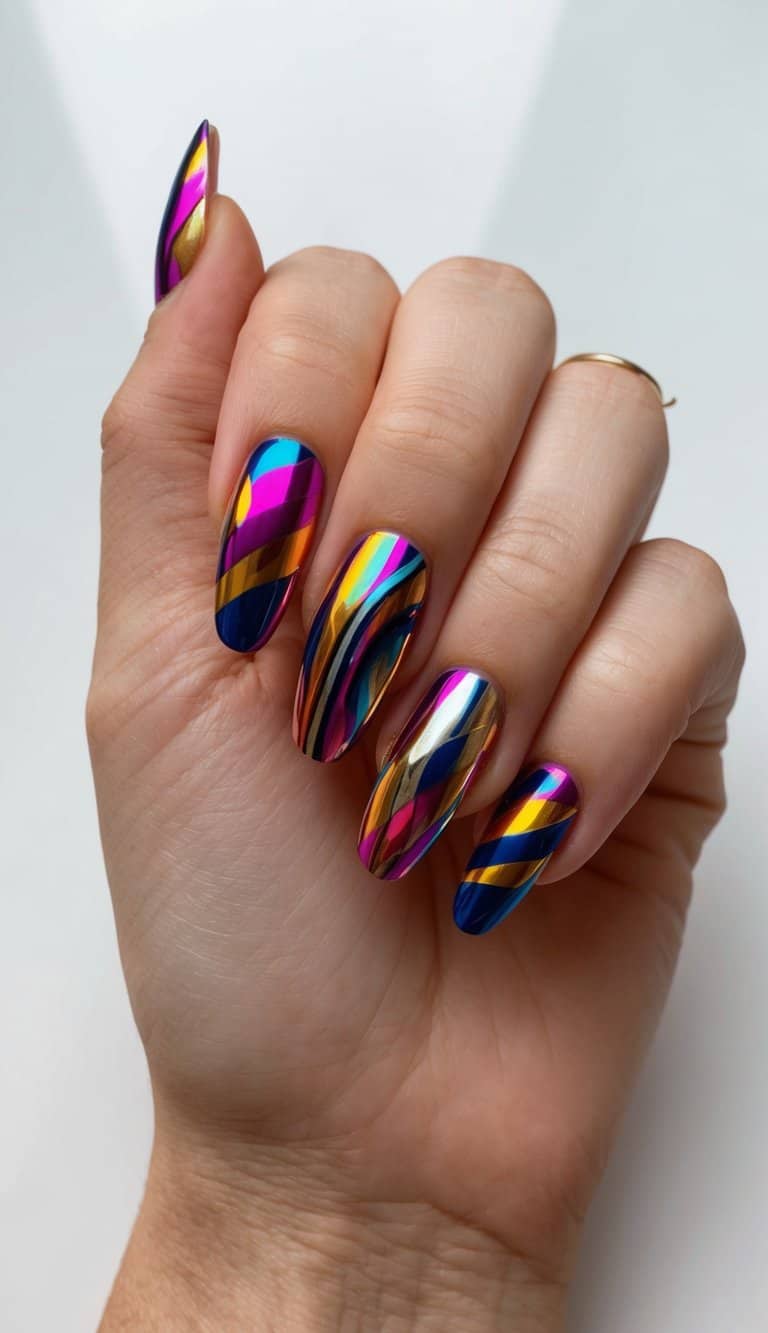 Vibrant abstract nail art designs featuring bold, colorful foils in various shapes and patterns