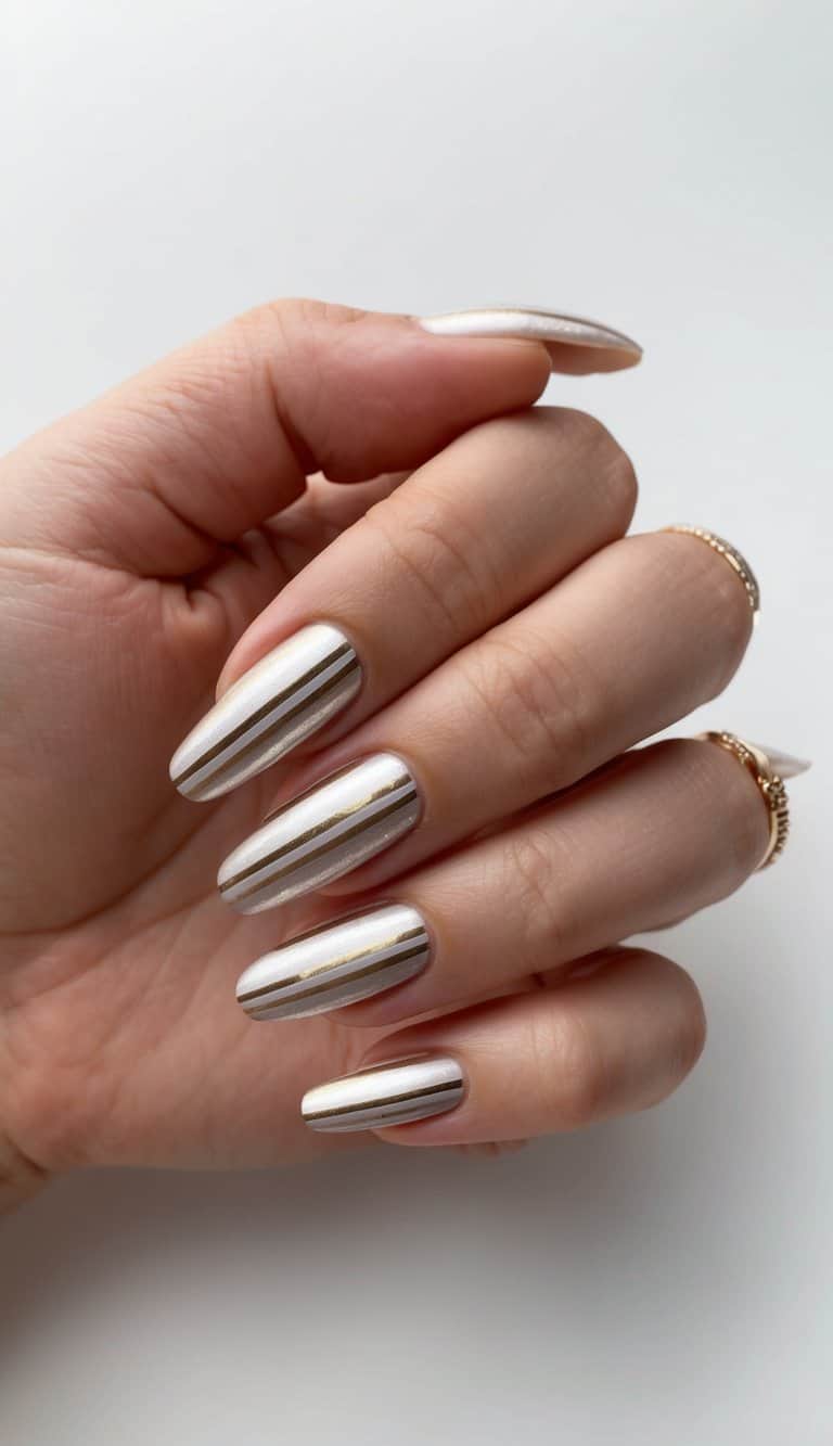 Shimmering metallic stripes adorn elegant nails for a bridal shower
