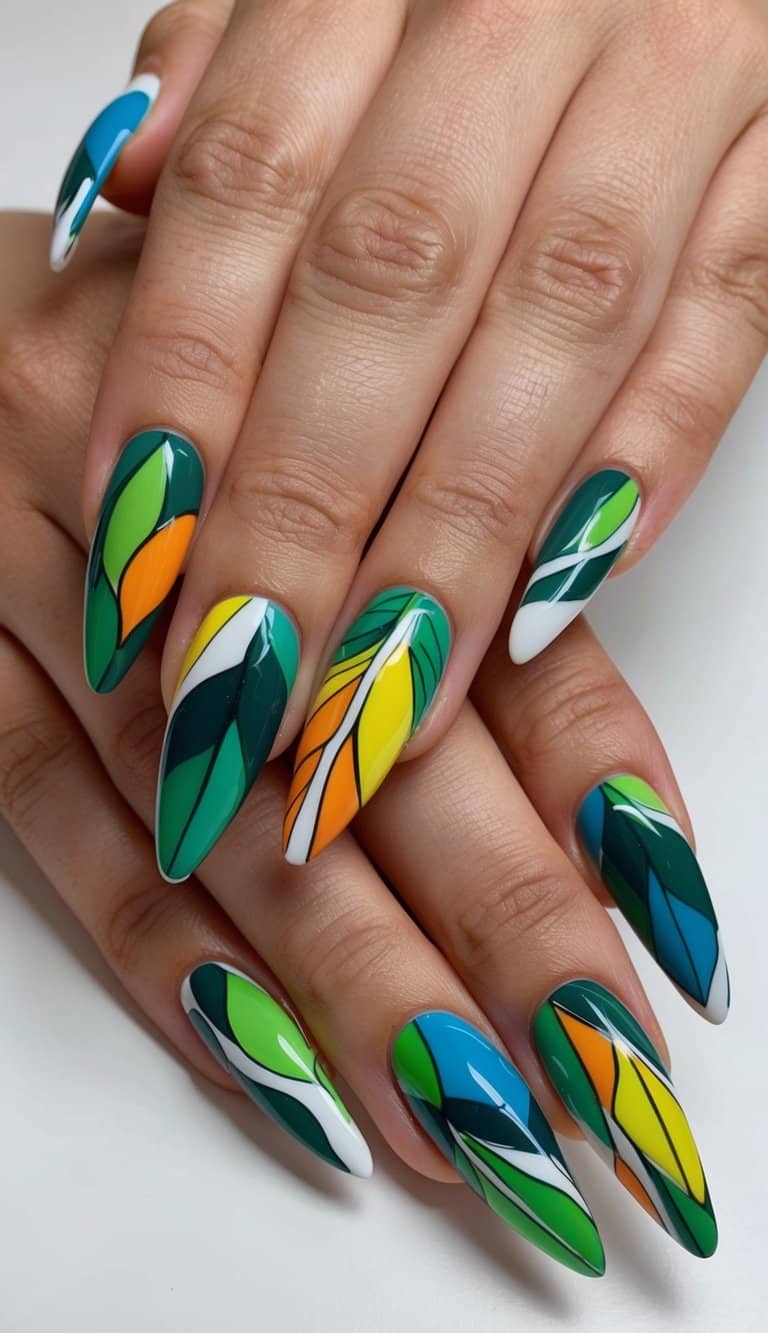 Vibrant abstract leaves in various sizes and colors arranged in a bold and creative nail art design