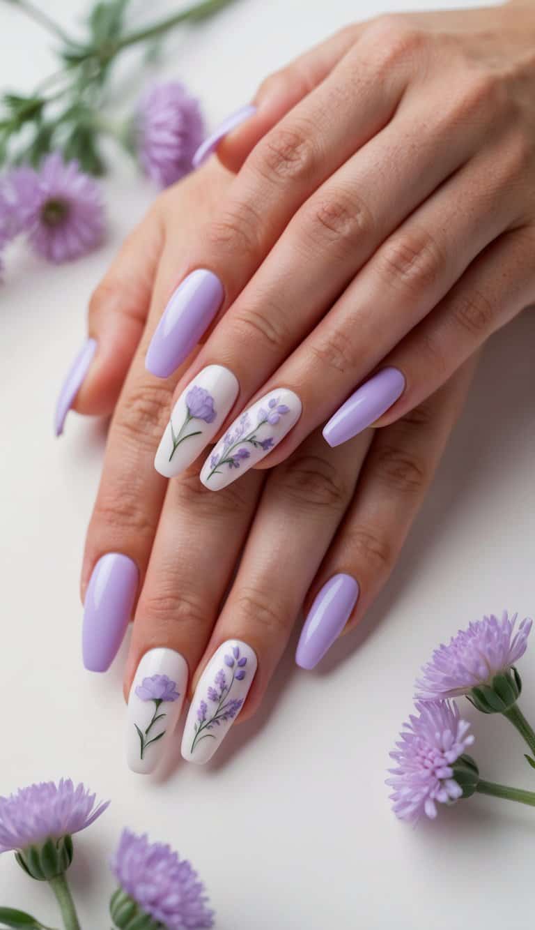 A soft, pastel-colored dreamscape with delicate lavender flowers and elegant bridal-themed nail art designs