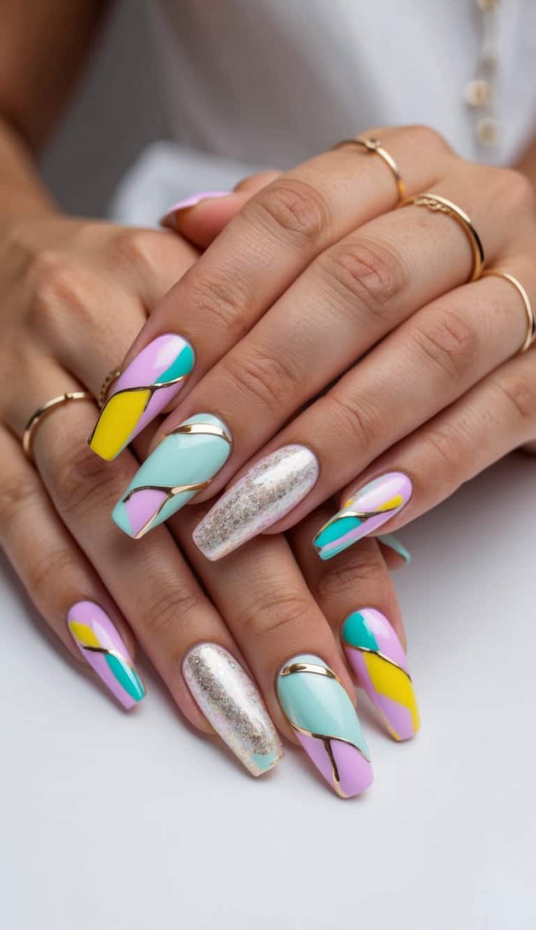 Vibrant, abstract shapes in pastel and metallic colors adorn a set of elegant and chic bridal shower nail art designs