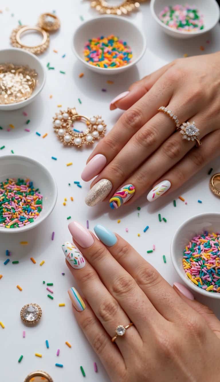 A table with 50 nail art designs, featuring elegant and chic bridal shower themes, adorned with rainbow sprinkles
