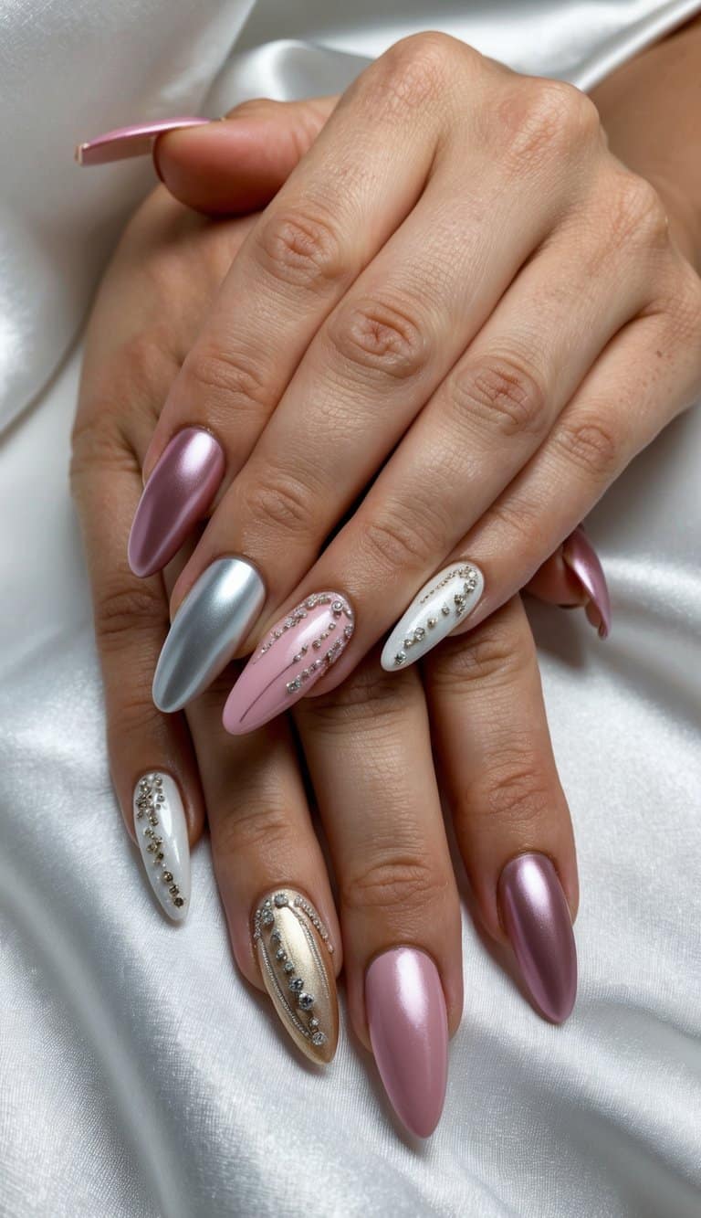 A white satin background with elegant bridal shower nail art designs in various shades of pink, silver, and gold
