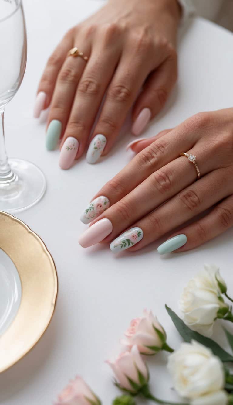 A table set with elegant bridal shower nail art designs, featuring soft pastel colors and delicate floral patterns