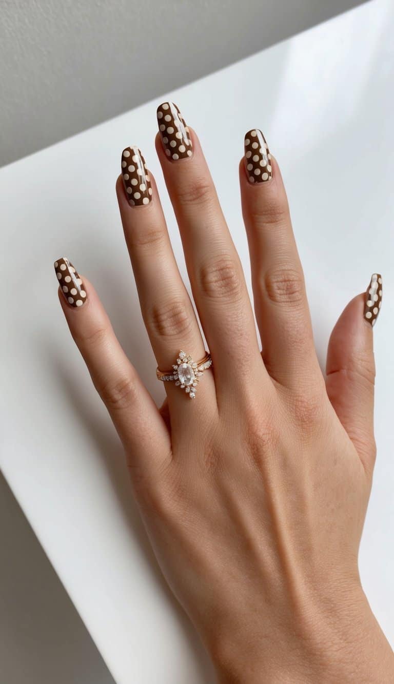 A set of retro polka dot nail art designs on display, with a chic and classy bridal shower theme