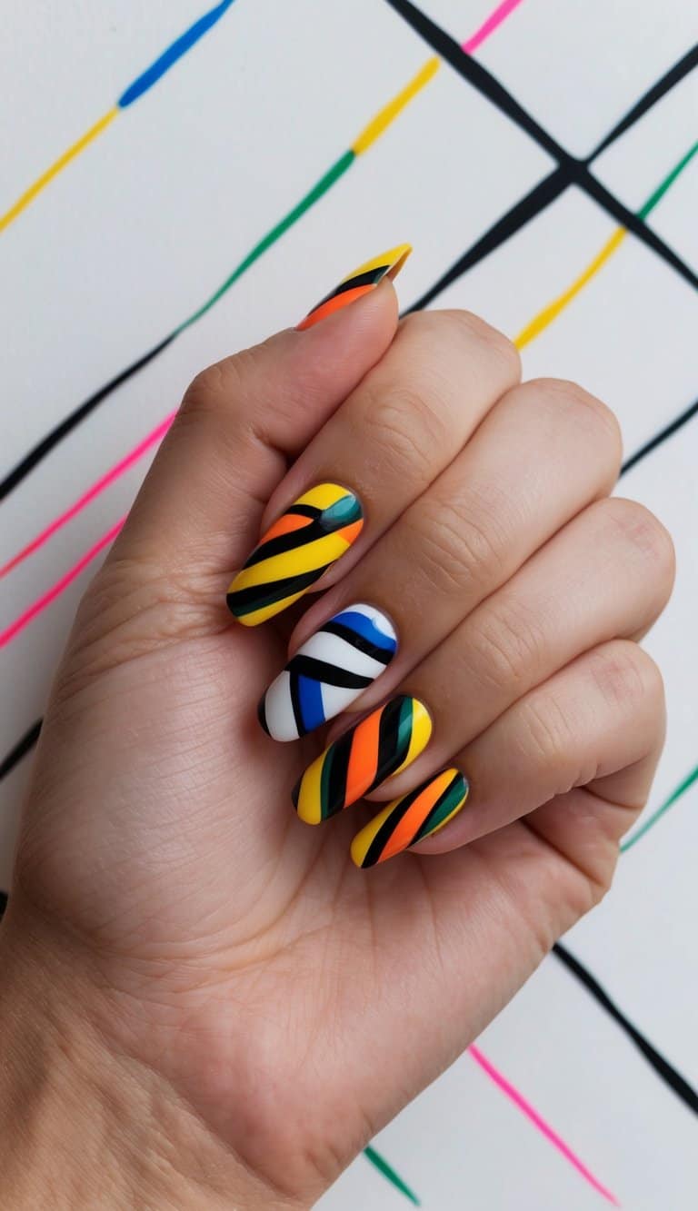 Vibrant abstract lines intersect and swirl across a canvas, creating bold and dynamic nail art designs