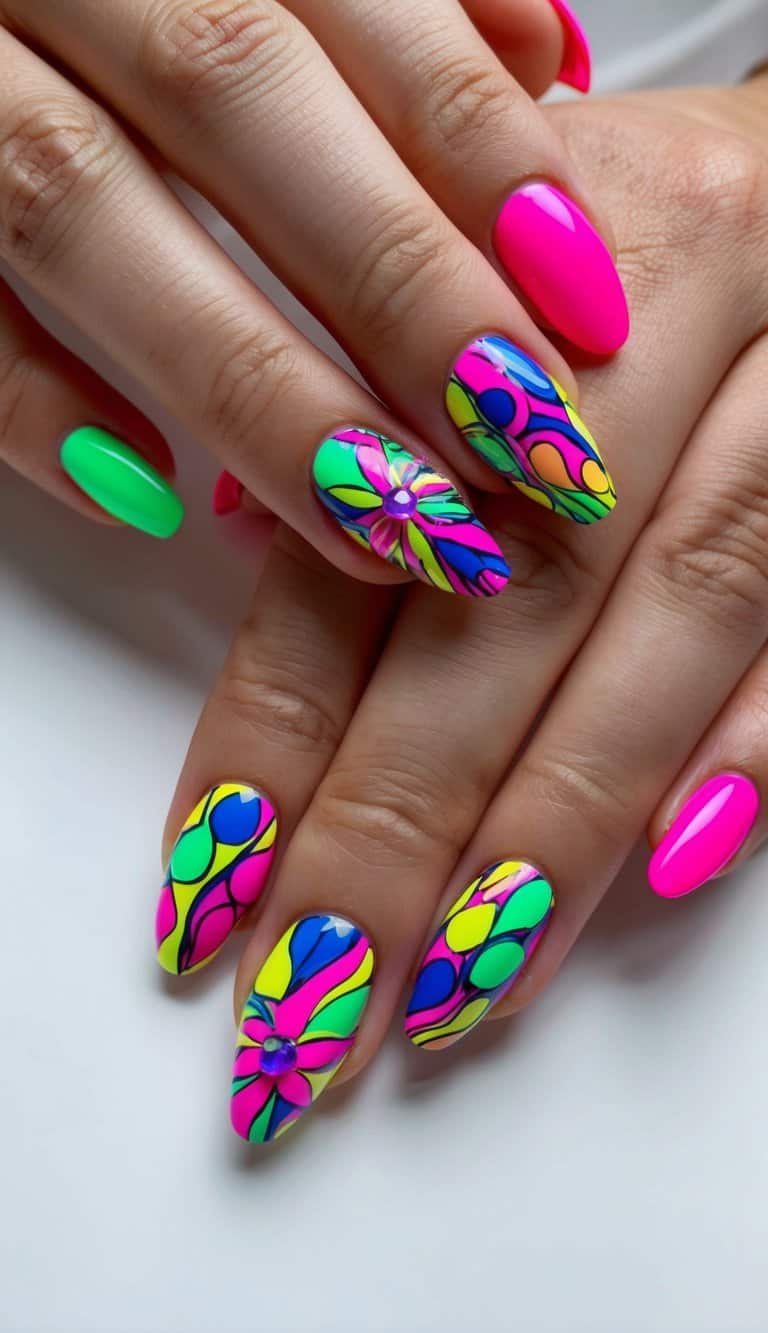 A vibrant neon pop art design featuring elegant and chic bridal shower nail art