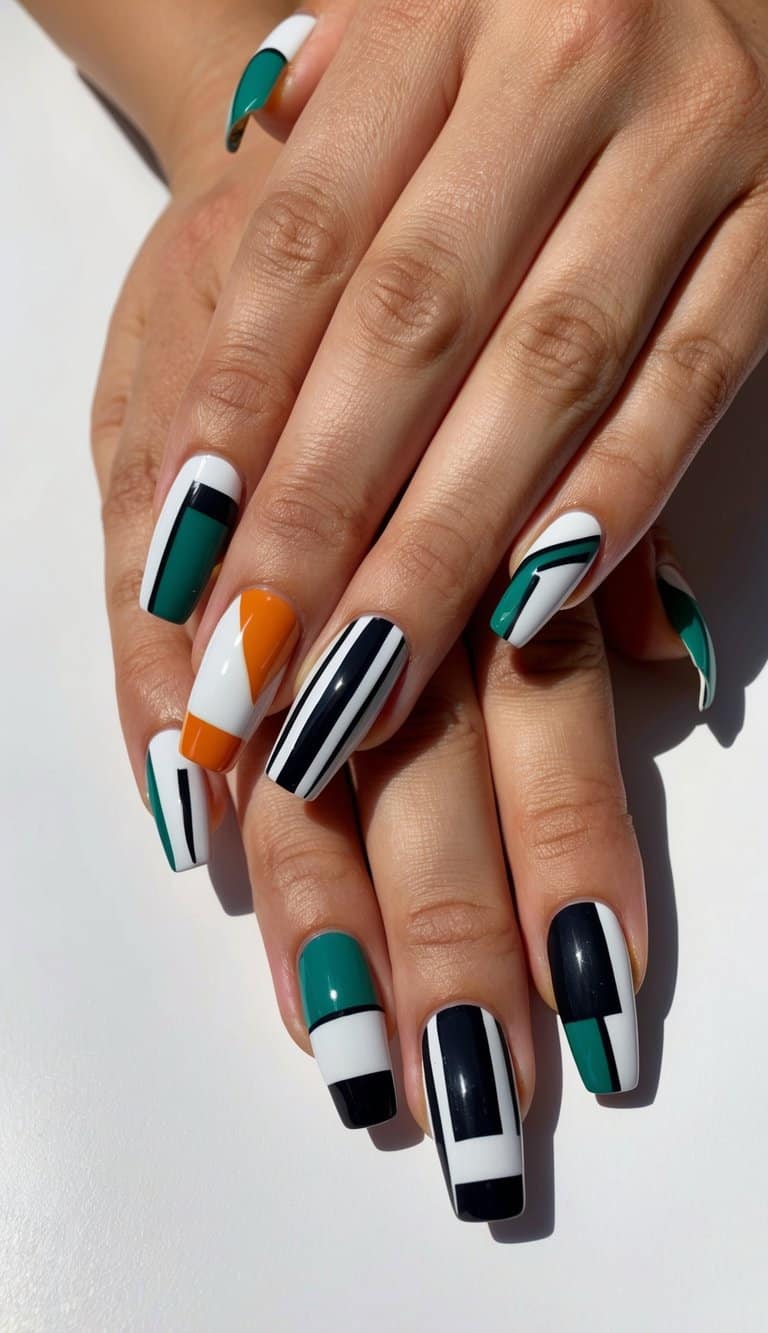 A collection of abstract nail art designs with bold, geometric shapes in the style of Mondrian