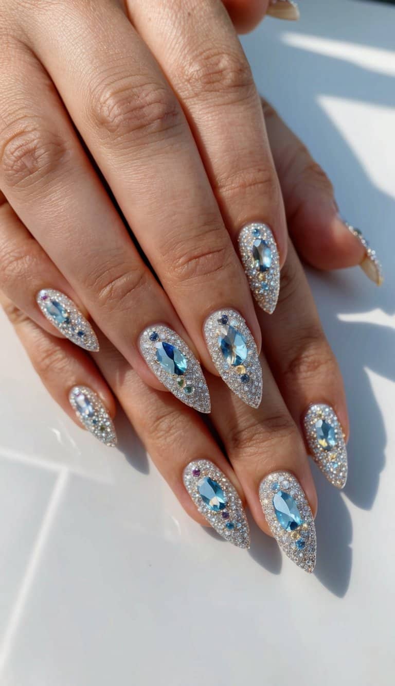 A close-up of sparkling gemstone nail art on a clean, manicured surface